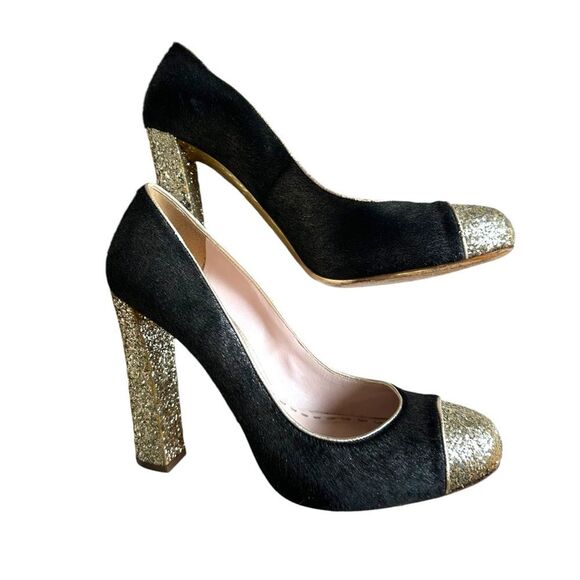 Miu Miu Black/Gold Calf Hair And Coarse Glitter Cap-Toe Block Heel Pumps Size 40 - Picture 4 of 14
